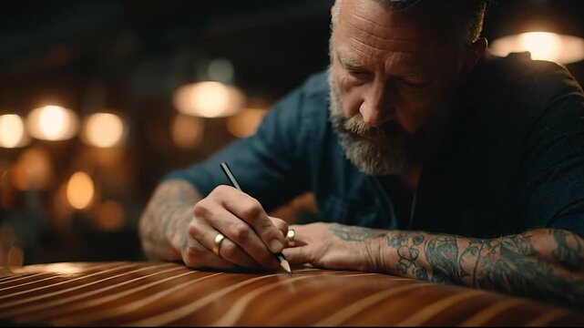 A focused artisan engraving a wooden surface in a warm workshop. - Powered by Adobe