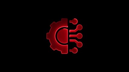 Red Neon Gear Cog Technology Circuit Board on Black Background