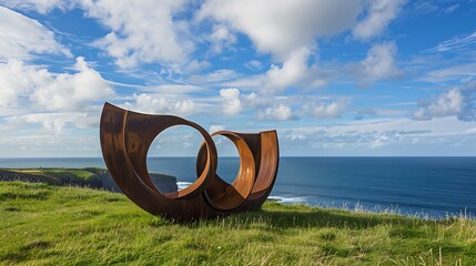Rusty metal sculpture on a green grassy hill overlooking the ocean under a cloudy blue sky day