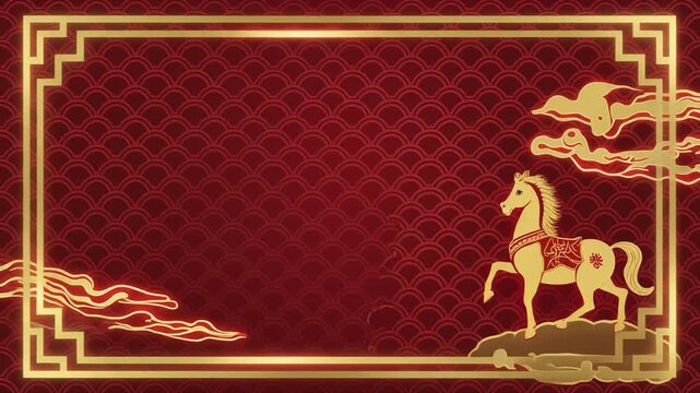 Vintage chinese new years background with a golden frame and red Chinese ornaments featuring an antique winter pattern illustration for a festive holiday card design