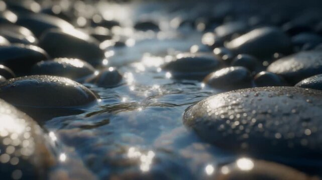 Clear water flowing over pebbles with light reflections