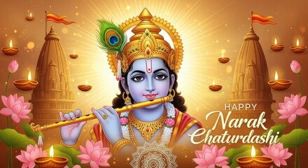 Beautiful illustration of lord krishna playing flute, adorned with crown and peacock feather, celebrating narak chaturdashi