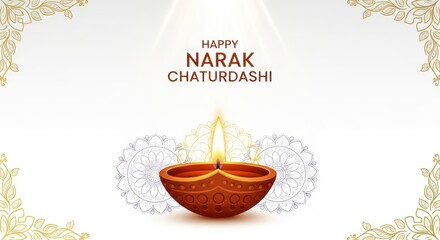 Single lit diya on white background with decorative border, celebrating narak chaturdashi festival with light and tradition