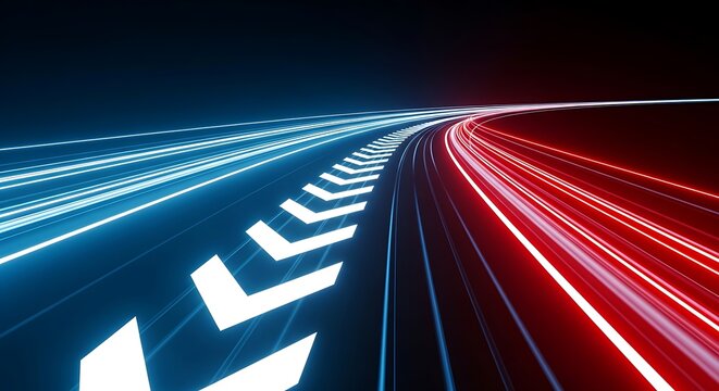 Abstract motion blur of light trails forming arrows on a dark road, symbolizing speed, progress, and forward movement in technology - Powered by Adobe