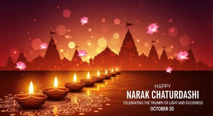 Row of lit diyas and temple silhouettes under a bokeh sky, celebrating narak chaturdashi festival with floral accents