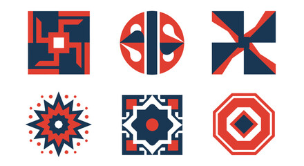 Obraz premium Collection of six distinct geometric abstract patterns in red, white, and blue.