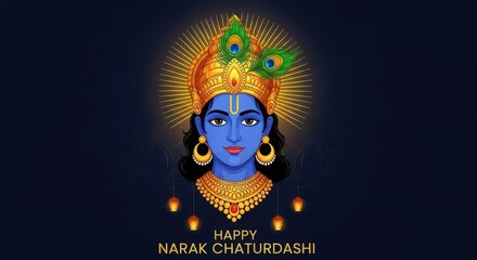 Happy narak chaturdashi greeting with lord krishna adorned in traditional attire and peacock feathers, illuminated by diyas and golden light