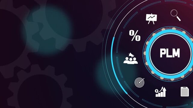 Plm concept displayed on a digital interface with abstract gear wheels, business icons, and strategy symbols