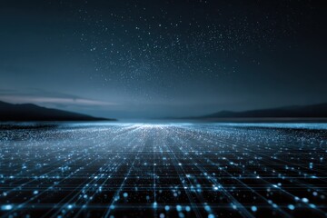 Expansive abstract futuristic digital landscape featuring a grid of particles under a starry night sky