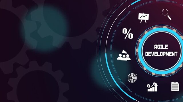 Agile development concept on digital futuristic interface with abstract gear wheels and business icons