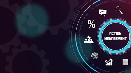 Abstract business technology background featuring action management text with digital gears, 4k