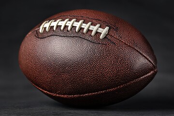 Fototapeta premium New American football resting on a dark surface, showcasing its textured leather and white laces, ready for the game ahead in a prepared setting
