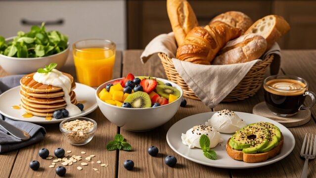 A delicious breakfast meal of fresh baked bread and a glass of milk served on a healthy white table with cheese and tomato
