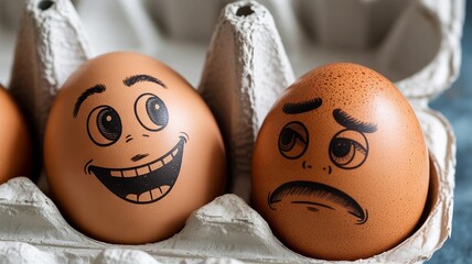 Contrast between happy and sad emotion faces drawn on brown eggs sitting side by side in a cardboard carton