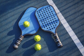 Pickleball paddles and balls illuminated on a blue court ready for play at dusk