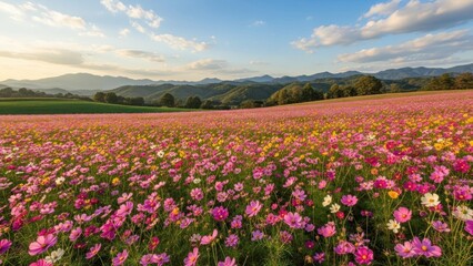 Vast field of pink and yellow cosmos flowers against rolling hills.