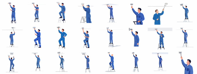 Fire Safety Technician Installing, Testing, and Maintaining Smoke Detectors. Worker Service Collection for Alarm System Installation and Maintenance.