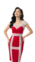 Elegant Woman in Red Dress with White Lace Details