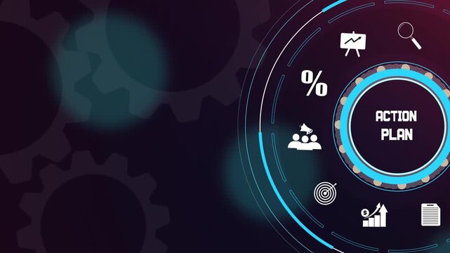 Abstract business technology background featuring action plan text with digital gears and growth icons