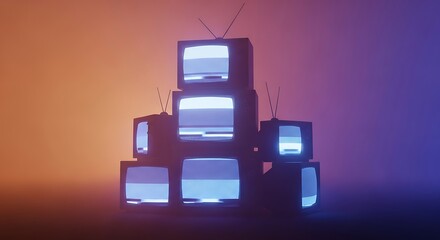 A pile of old analog televisions with static on their screens, illuminated by orange and purple lights, representing retro technology and media