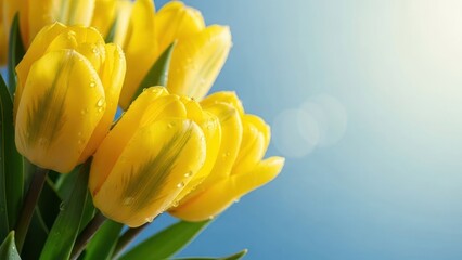 Close up of yellow tulips with water droplets against blue background