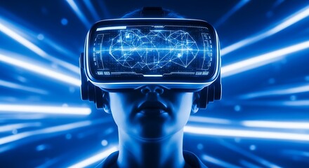 A person wearing a virtual reality headset, immersed in a futuristic digital world with glowing blue light streaks