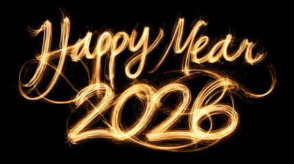 Spectacular light painting captures the elegant script inscription happy year twenty twenty six against a stark black background creating celebration