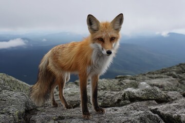 Red fox stands proudly on the summit of Mt Washington at sunrise, showcasing its vibrant fur against the rocky landscape and distant mountains