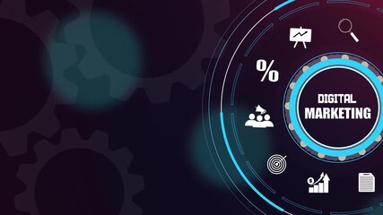 Advanced digital marketing strategy on a futuristic interface with mechanical gear wheels and business icons - Powered by Adobe