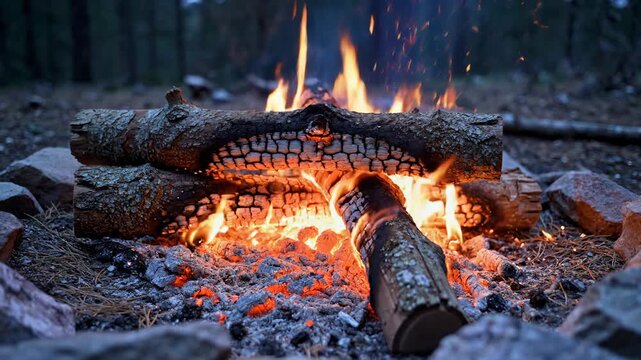 Captivating campfire scene with glowing embers and crackling flames in a
