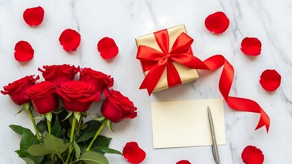 Romantic Red Rose Bouquet Flat Lay with Gift and Card, Overhead View for Valentine's Day, Anniversary, Love Celebration