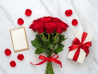 Romantic Red Rose Bouquet Flat Lay with Gift and Card, Overhead View for Valentine's Day, Anniversary, Love Celebration