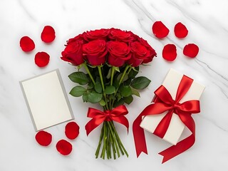 Romantic Red Rose Bouquet Flat Lay with Gift and Card, Overhead View for Valentine's Day, Anniversary, Love Celebration