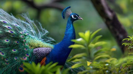 Obraz premium Brilliant blue Indian peafowl displaying magnificent iridescent train feathers amidst lush vibrant green jungle foliage with sharp focus on the majestic bird