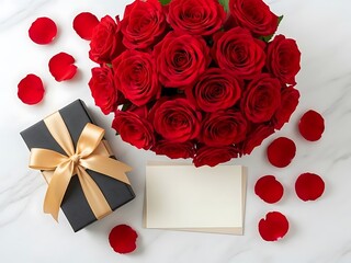 Romantic Red Rose Bouquet Flat Lay with Gift and Card, Overhead View for Valentine's Day, Anniversary, Love Celebration