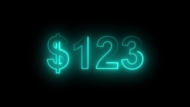 Glowing neon $123 price sign on dark background. Money symbol, sale, cost, price display, retail sale, finance, Value, Sale, Marketing Background.