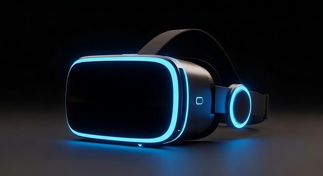 Futuristic virtual reality headset with glowing blue lights on a dark background, representing immersive technology and gaming experiences - Powered by Adobe