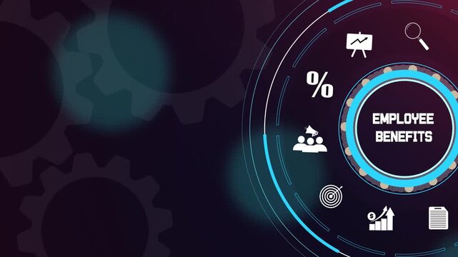 Employee benefits and compensation package concept on a futuristic digital interface with mechanical gear wheels