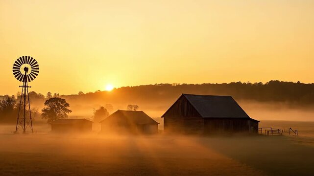 Serene sunrise over a misty rural landscape with a windmill.