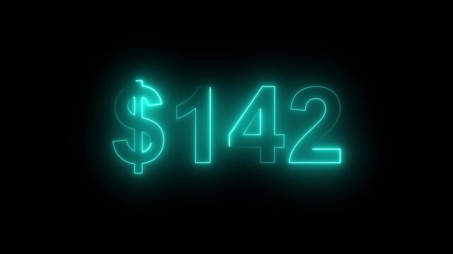 Glowing neon $142 price sign on dark background. Money symbol, sale, cost, price display, retail sale, finance, Value, Sale, Marketing Background.