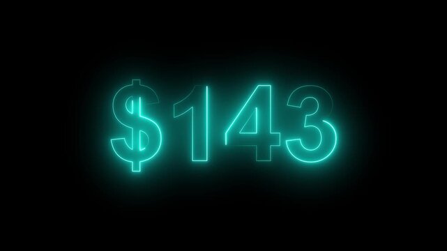 Glowing neon $143 price sign on dark background. Money symbol, sale, cost, price display, retail sale, finance, Value, Sale, Marketing Background.