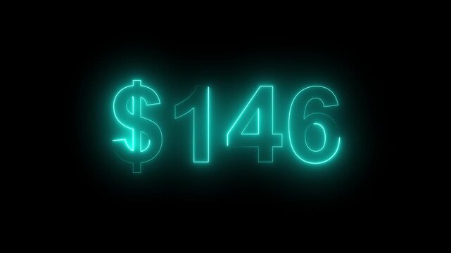 Glowing neon $146 price sign on dark background. Money symbol, sale, cost, price display, retail sale, finance, Value, Sale, Marketing Background.