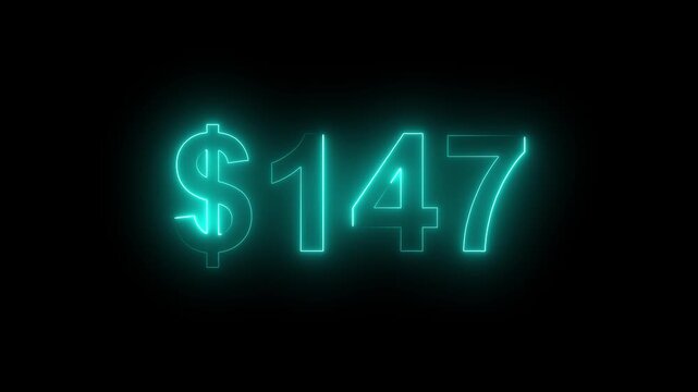 Glowing neon $147 price sign on dark background. Money symbol, sale, cost, price display, retail sale, finance, Value, Sale, Marketing Background.