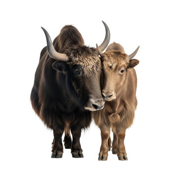 Two yaks isolated on transparent background himalayan bovine species