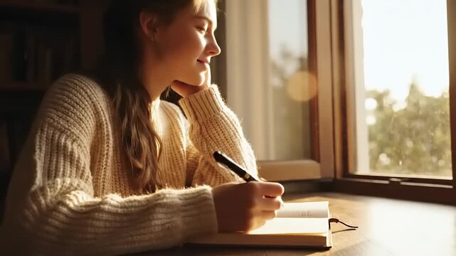 Young woman writing in a notebook by a sunlit window, capturing a moment of creativity and reflection