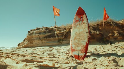 A surfboard stands upright in the sand near dunes with orange flags under a clear blue sky day light