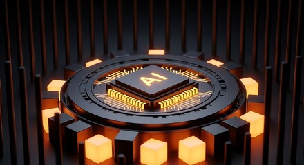 Closeup of a futuristic ai chip with glowing orange circuits and a central processor, set against a dark, ribbed background