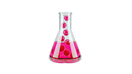 Erlenmeyer flask with pink liquid and red spheres