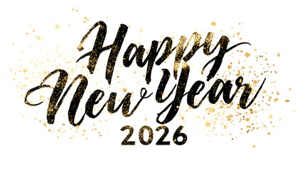 Elegant black brush script conveying happy new year greetings for twenty twenty six surrounded by sparkling gold glitter accents