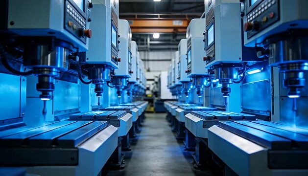 Production factory floor depth look facility showcasing long advanced operating unison, automated manufacturing, row machine, tools industrial.